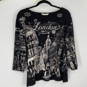 CJ Banks London Sequin All Over Print Y2K 3/4 Sleeve Black Silver Novelty Large